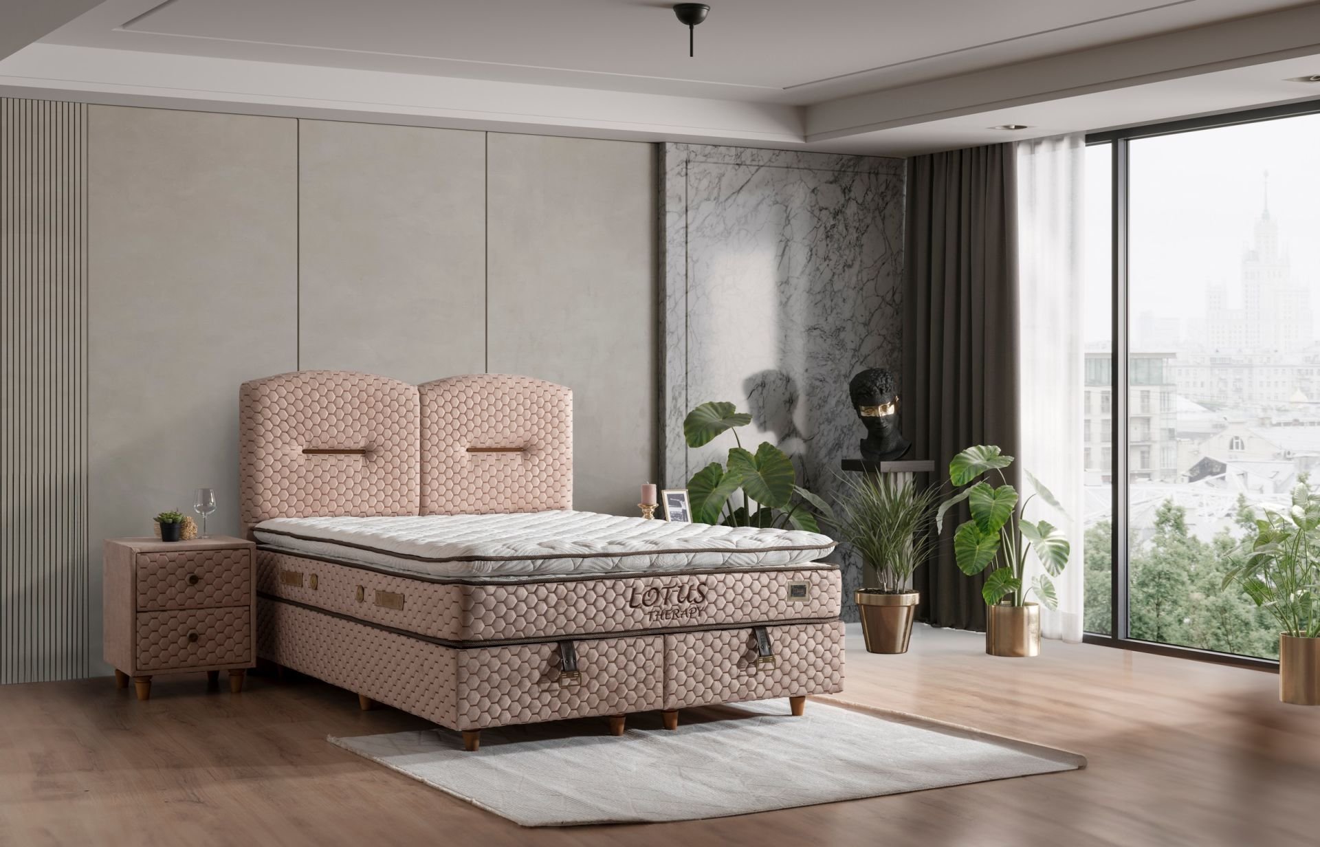 Lotus 150x200 Çift Kişilik Yatak, Baza, Başlık Seti MBL1006