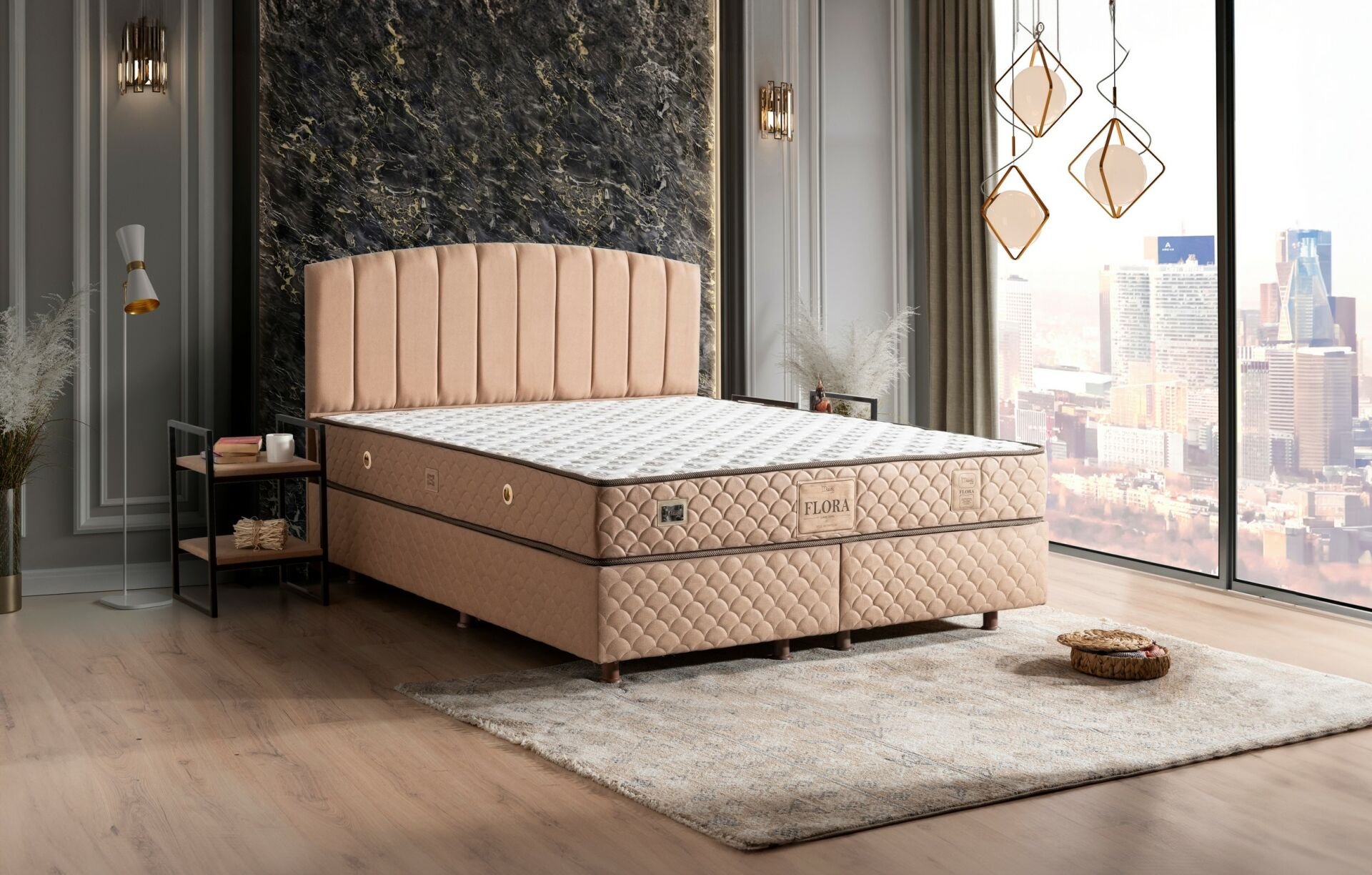 Flora 150x200 Çift Kişilik Yatak, Baza, Başlık Seti MBL1015