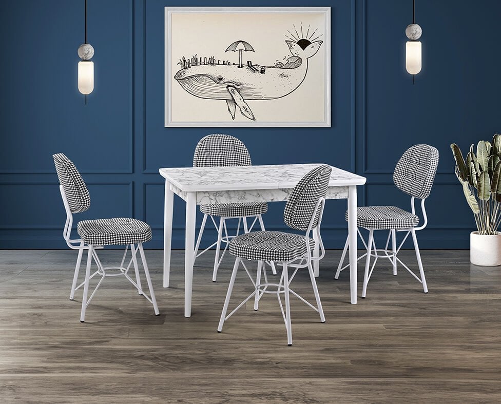 Zen Beyaz Mermer Masa & Gözde Beyaz Sandalye Takımı HDR1263