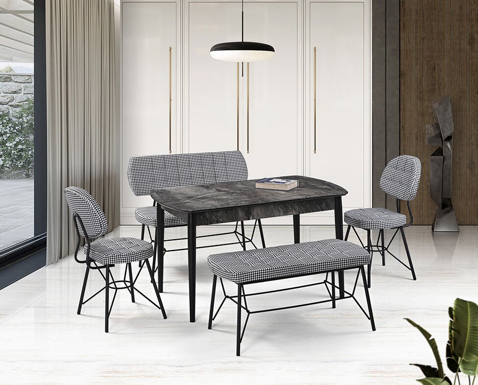 Vegas Siyah Mermer Masa & Gözde Siyah Benç Takımı Takımı HDR1273