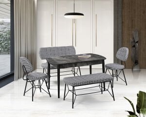 Vegas Siyah Mermer Masa & Gözde Siyah Benç Takımı Takımı HDR1273