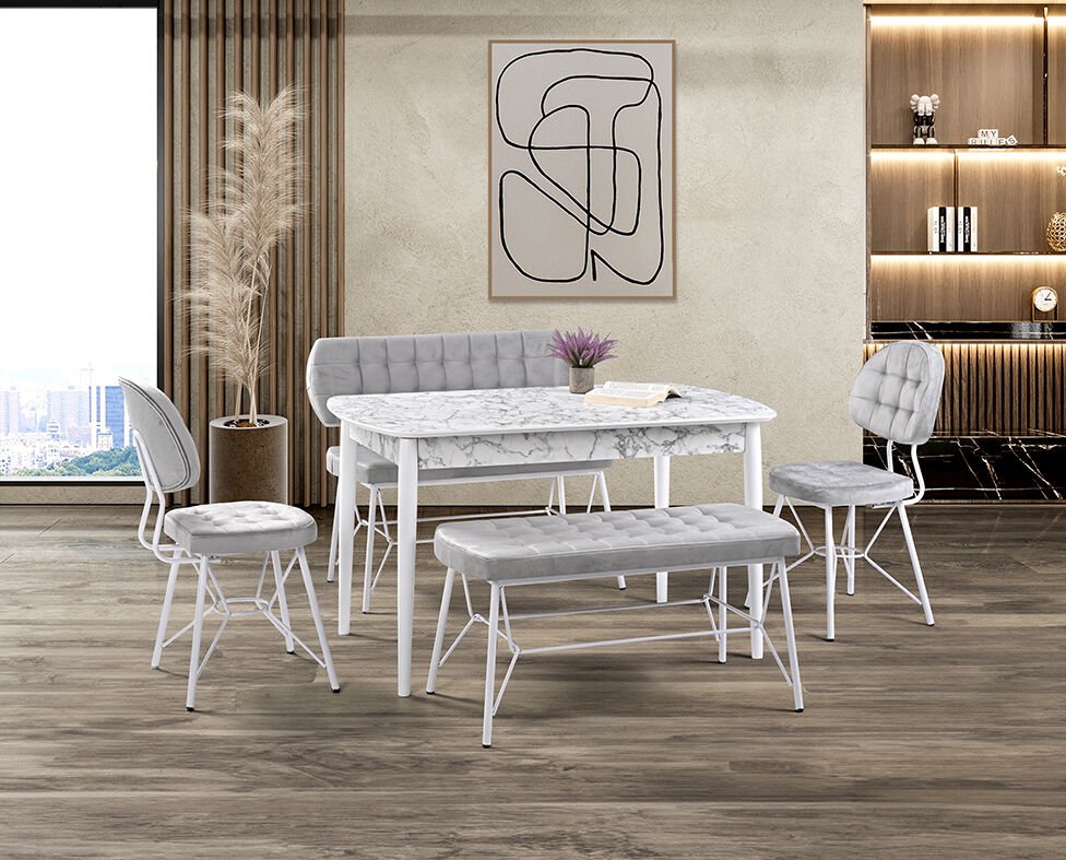 Vegas Beyaz Mermer Masa & Gözde Beyaz Benç Takımı Takımı HDR1274