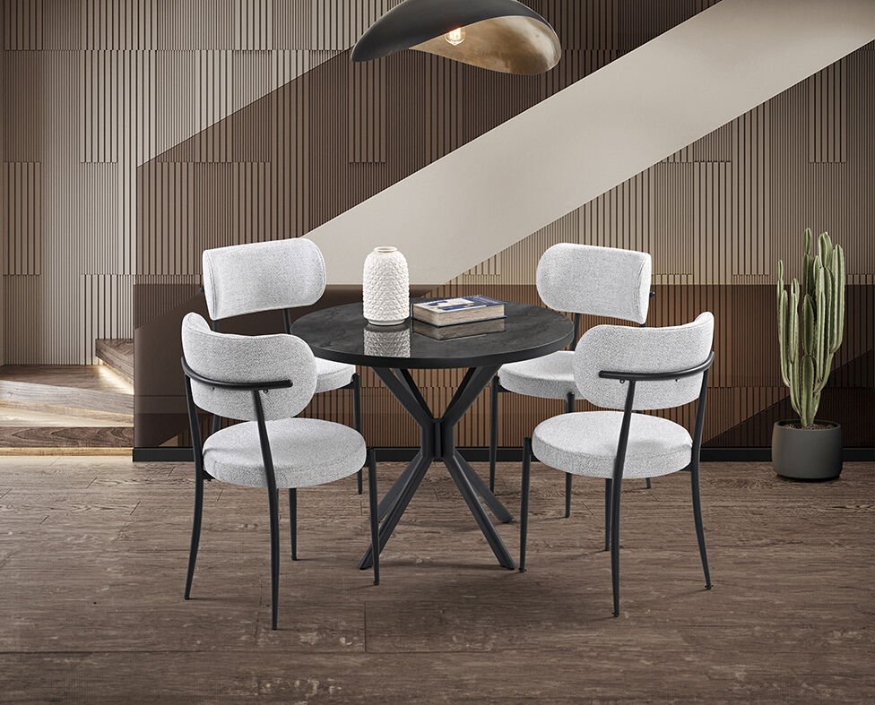 Ceyda Siyah Mermer Yuvarlak Masa & Atlas Siyah Sandalye Takımı HDR1279