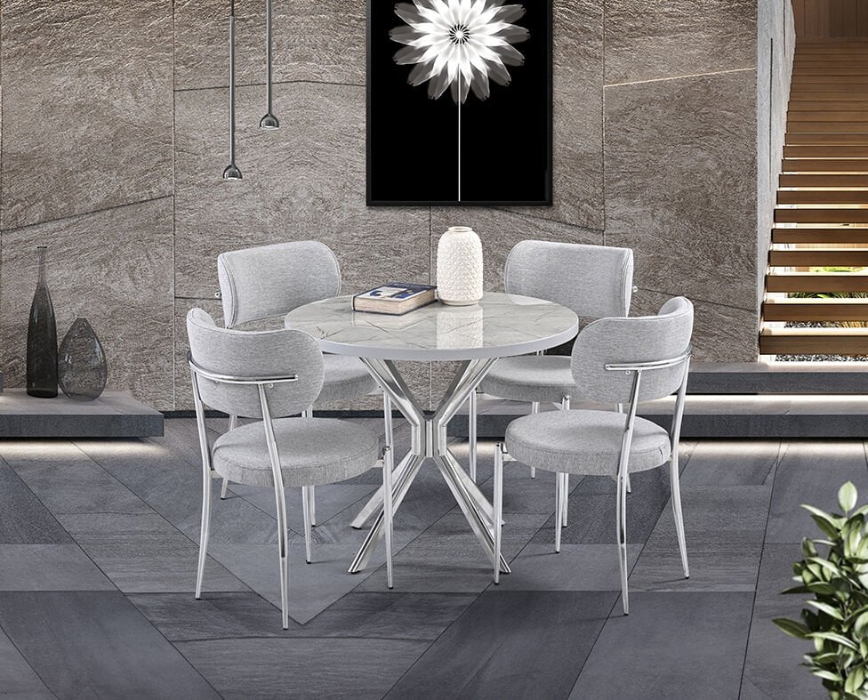 Ceyda Gri Mermer Yuvarlak Masa & Atlas Krom Sandalye Takımı HDR1280