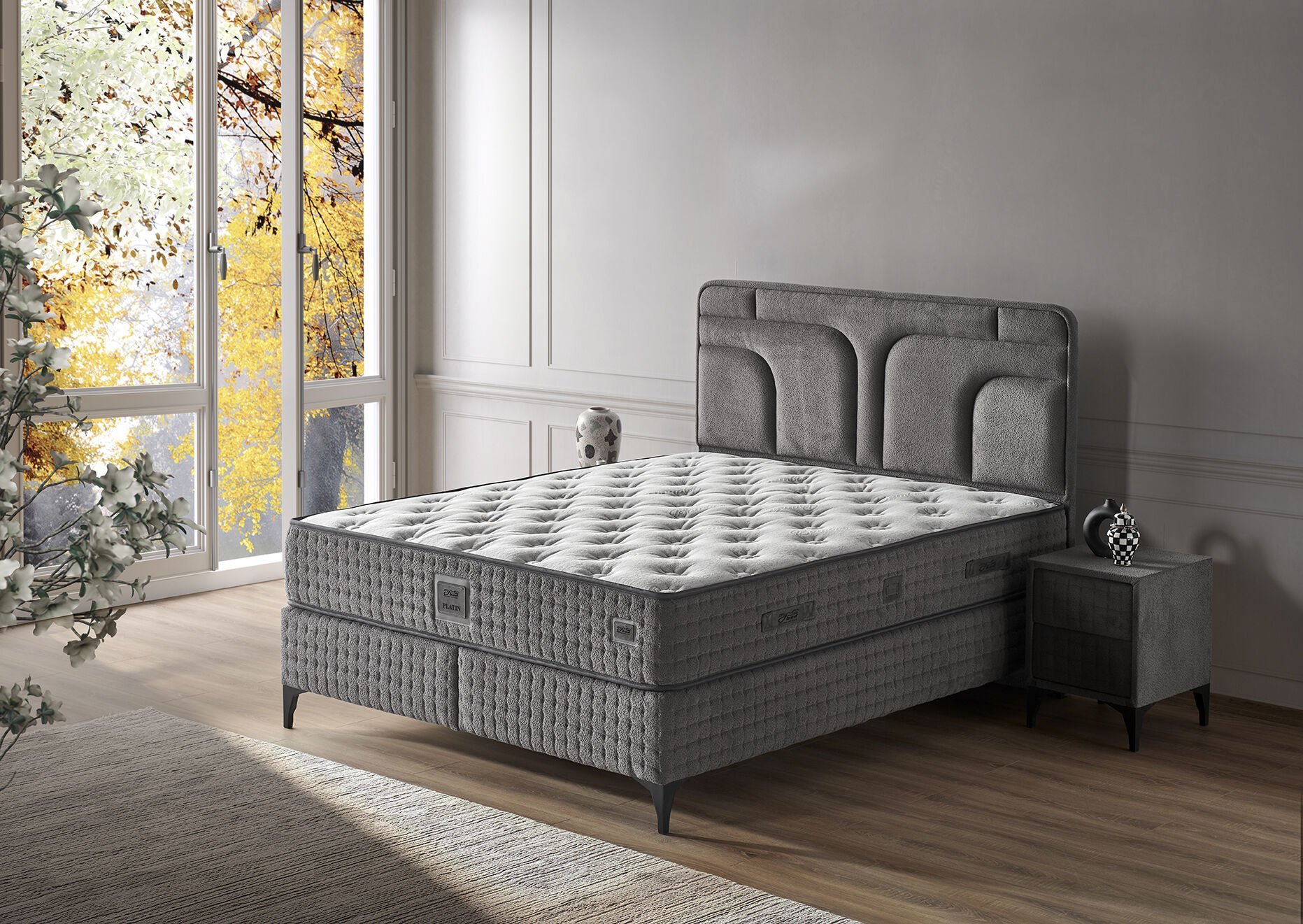 Platin 160x200 Çift Kişilik Yatak, Baza, Başlık Seti