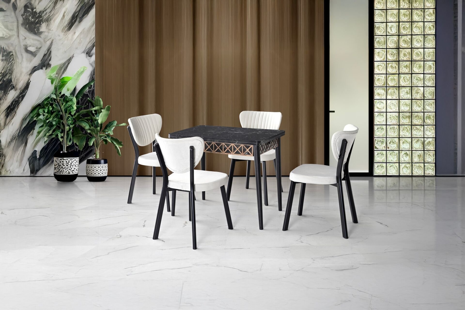 Büyüyen 4 Sandalyeli Masa Takımı Siyah Mermer TN0644