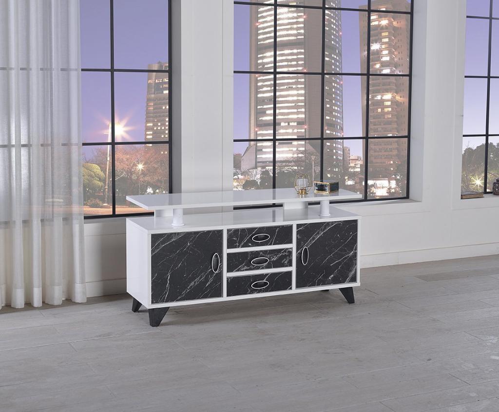 MD S205 Polo TV Unit 120 cm (White-Black Marble)