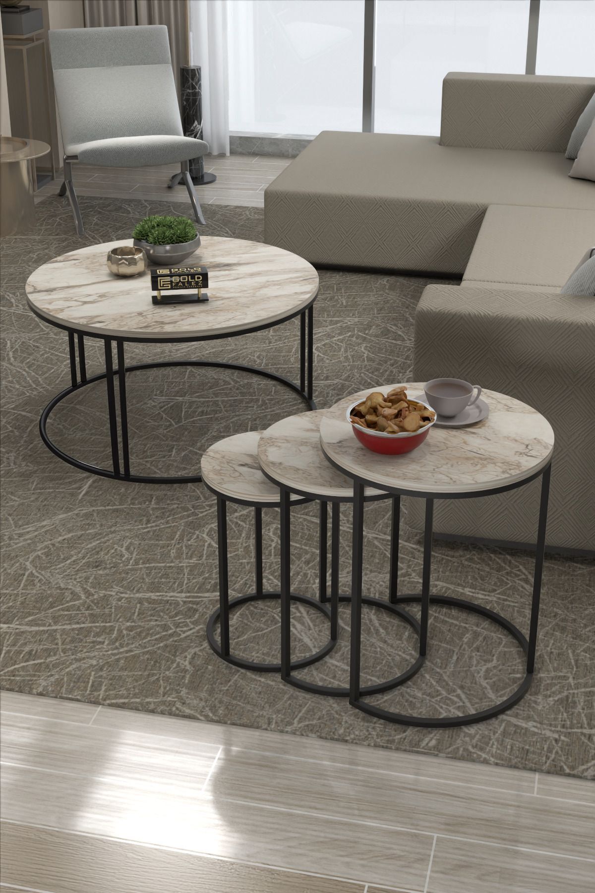 MD C Nesting Table Set White Marble 4-piece