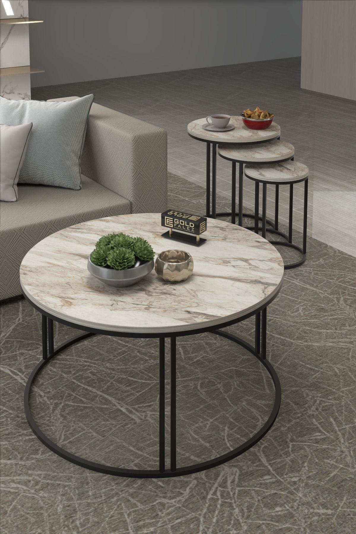 MD C Nesting Table Set White Marble 4-piece