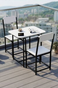 Bahçe Masa Takımı 2 Kişilik 2 Sandalyeli Masa Sandalye Seti Metal Ayak Balkon Mutfak Kafe Yemek Masası Minör Beyaz