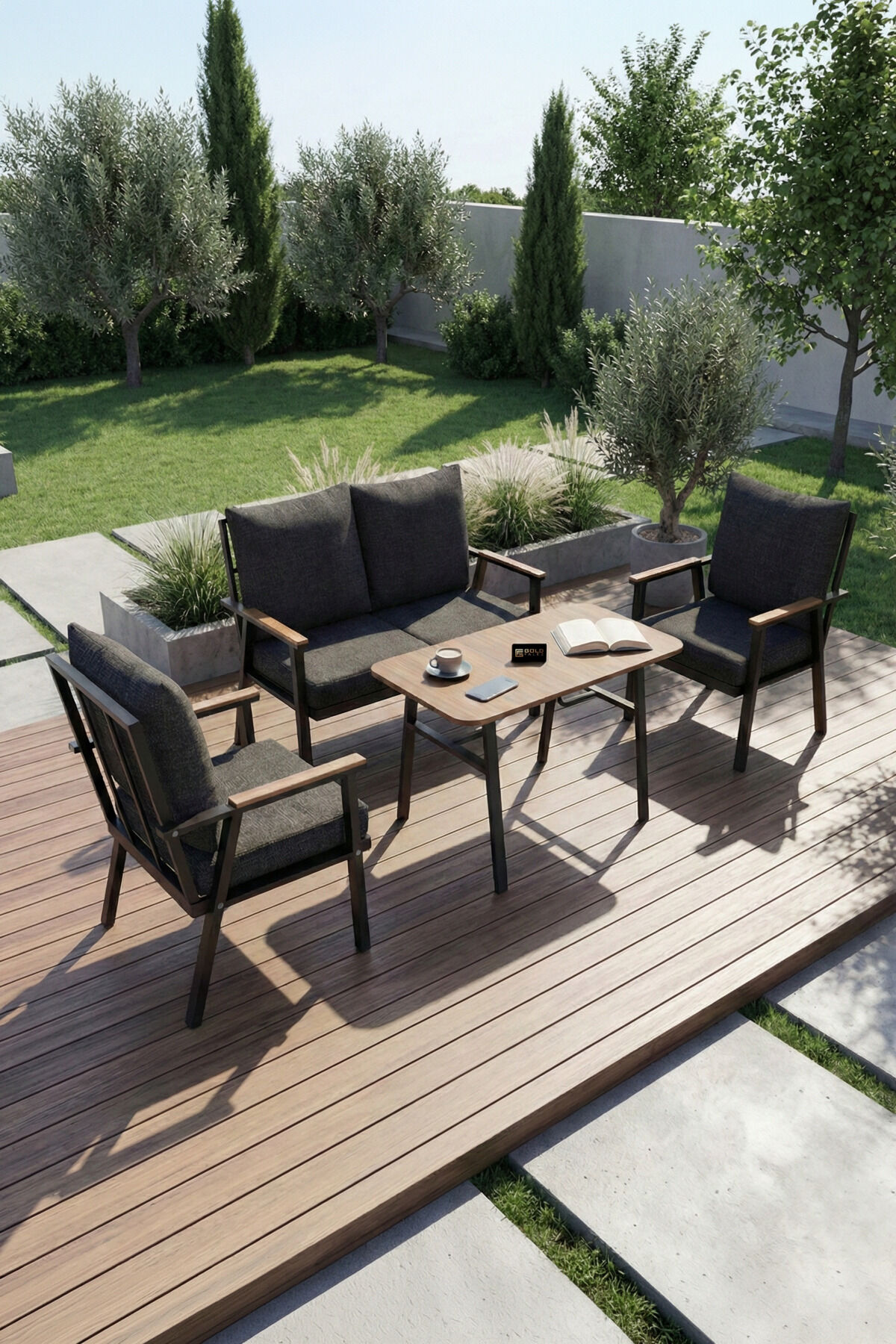 MD Metal Garden Seating Group Cushioned Grey 4-Piece Set
