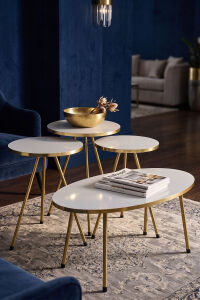 MD Gold Oval Sehpa Seti Beyaz 4'lü