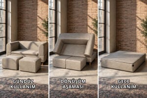 Modüler Yataklı İkili Koltuk ve 2'li Puf Takımı - Çift Kişilik Katlanabilir Yatak Sistemi