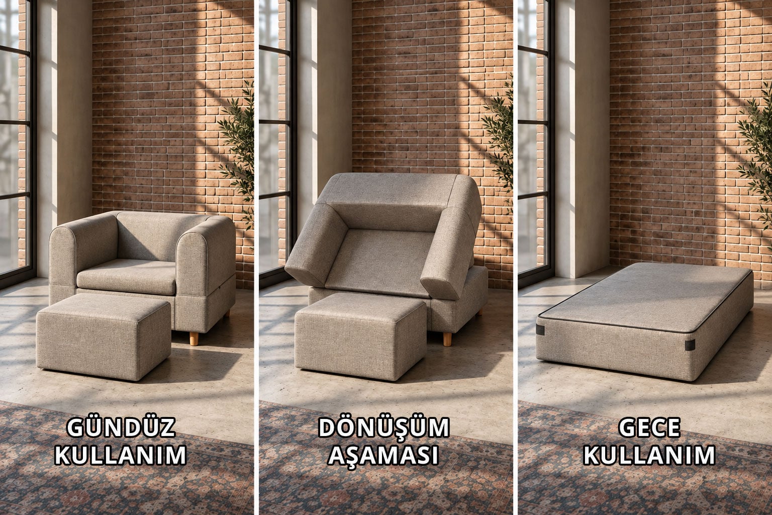 Modüler Yataklı Tekli Koltuk ve Puf Takımı - Tek Kişilik Katlanabilir Yatak Sistemi