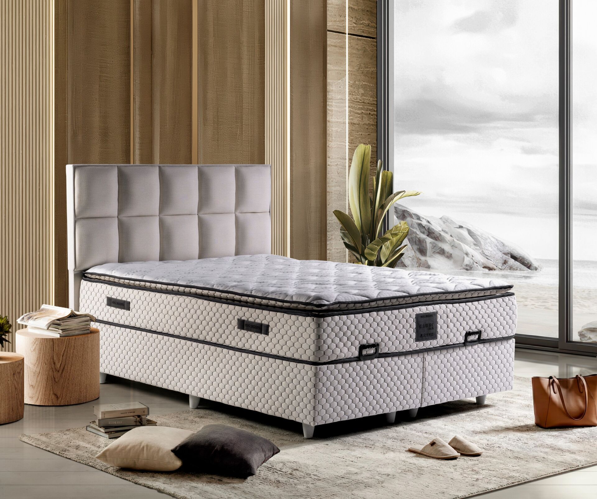 Quatro Plus 150x200 Yatak, Baza, Başlık Seti Krem TN0714