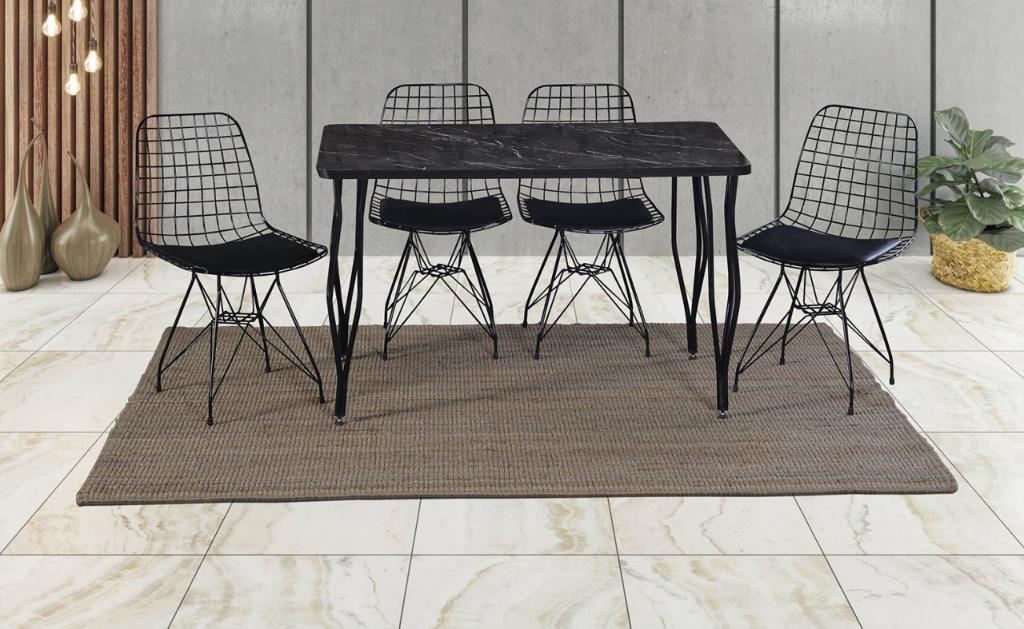Wire Black Marble Kitchen Table and Chair Set ECN5660
