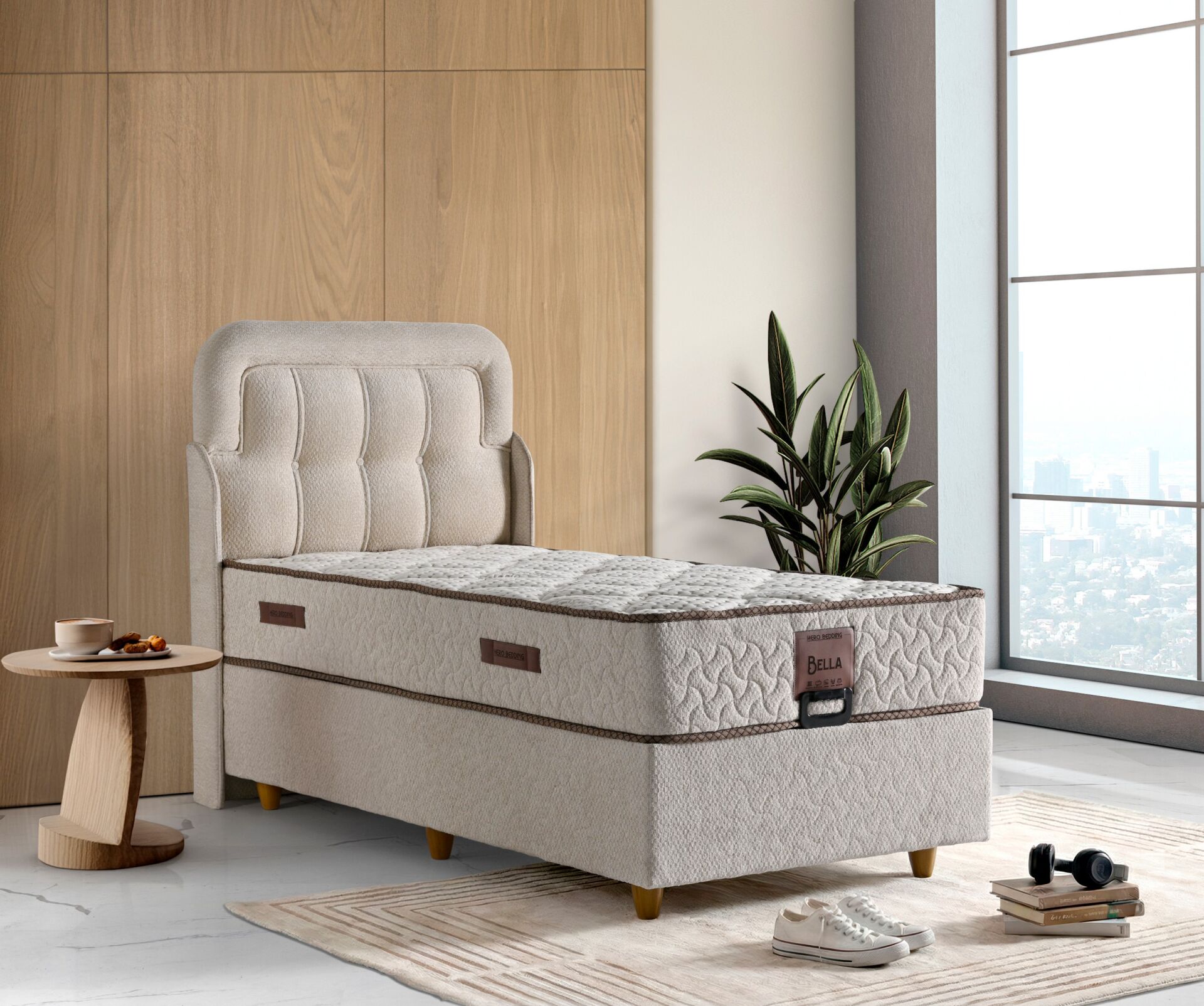 Bella 90x190 Yatak, Baza, Başlık Seti Krem TN0717