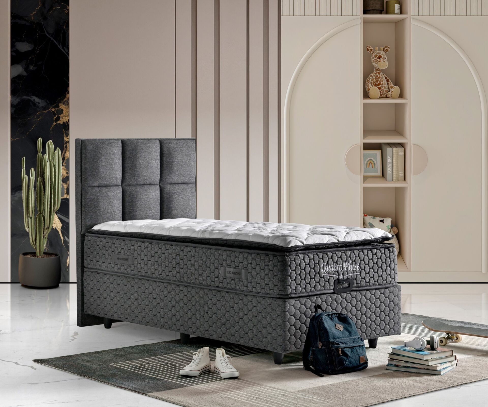 Quatro Plus 90x190 Yatak, Baza, Başlık Seti Antrasit TN0719
