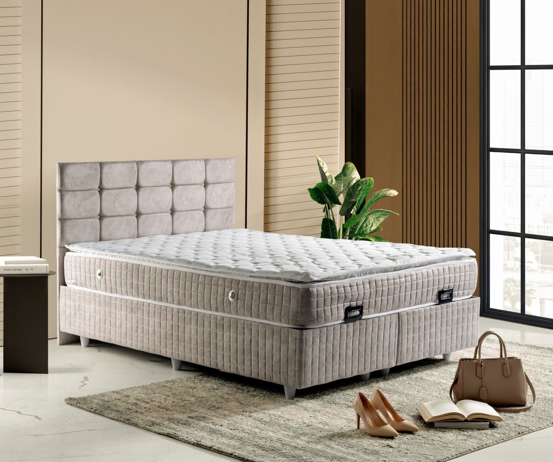 Florya 150x200 Yatak, Baza, Başlık Seti Krem TN0720