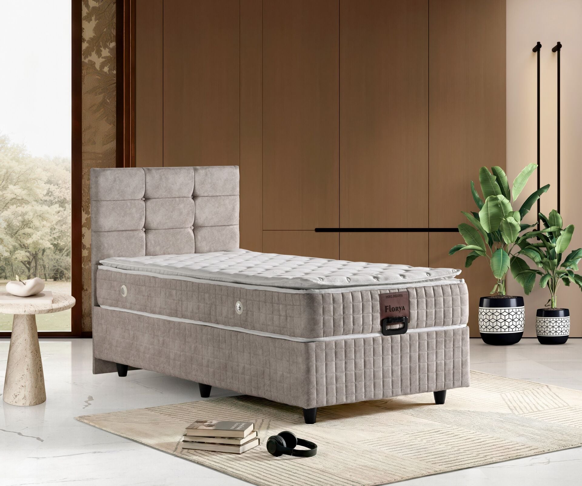 Florya 90x190 Yatak, Baza, Başlık Seti Krem TN0722