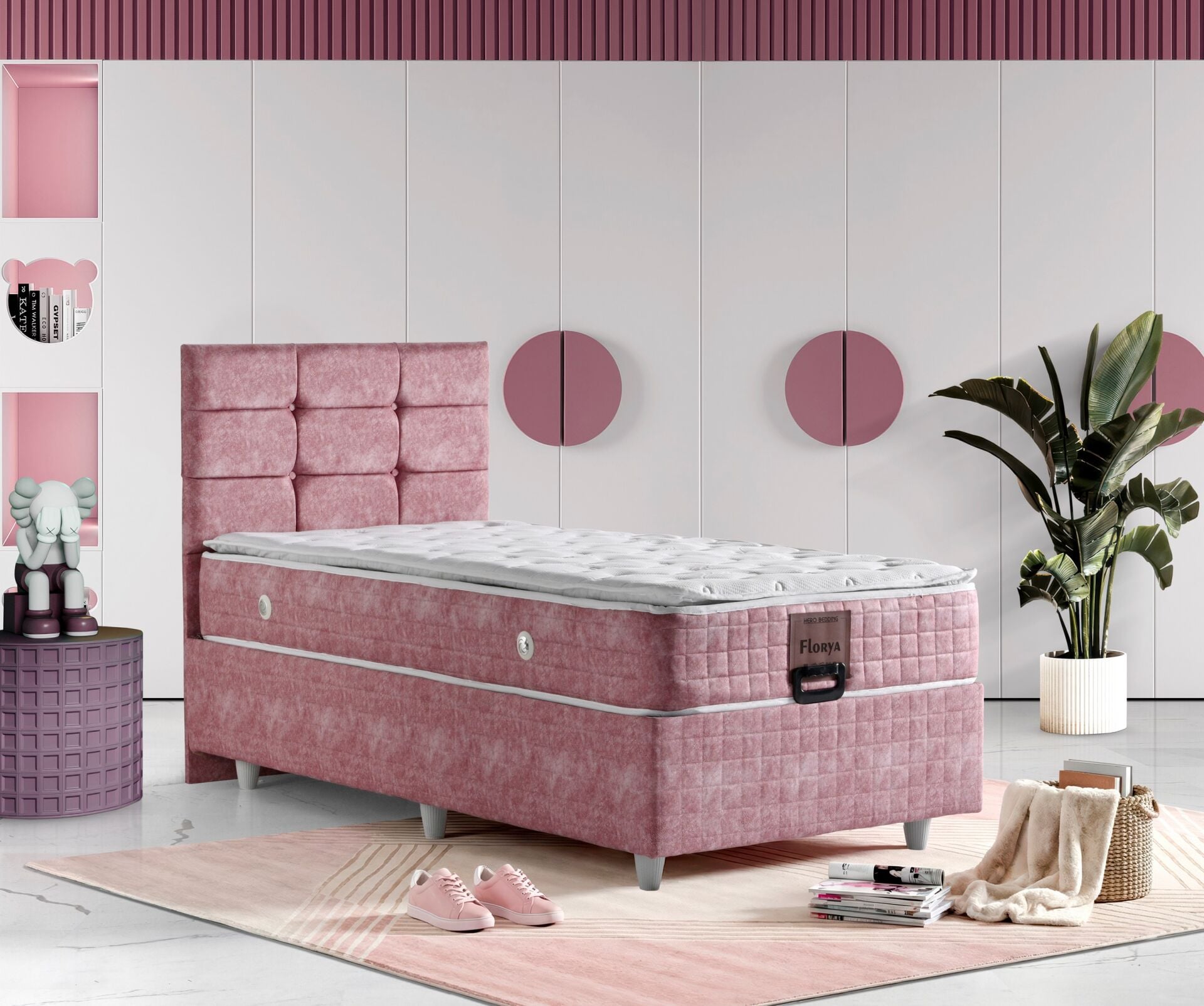 Florya 90x190 Yatak, Baza, Başlık Seti Pembe TN0724