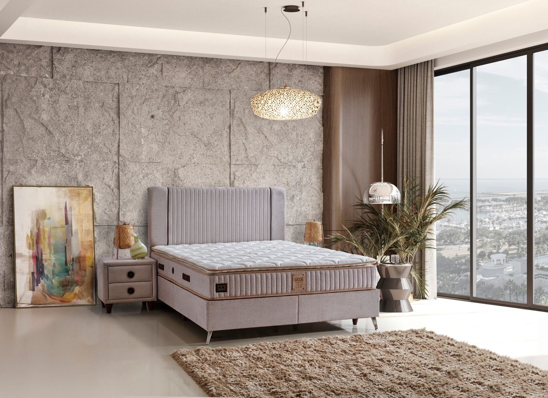 Lucca Sandıklı 140x190 Çift Kişilik Yatak, Baza, Başlık Seti CP1040