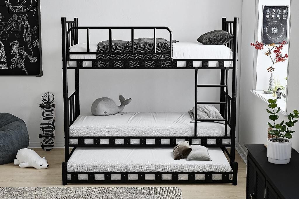 Zambak Bunk Bed with Trundle 90x200 ARM038 Black