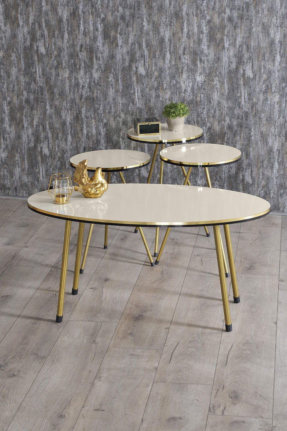 MD Gold Metal Düz Ayak 4'lü Sehpa Krem