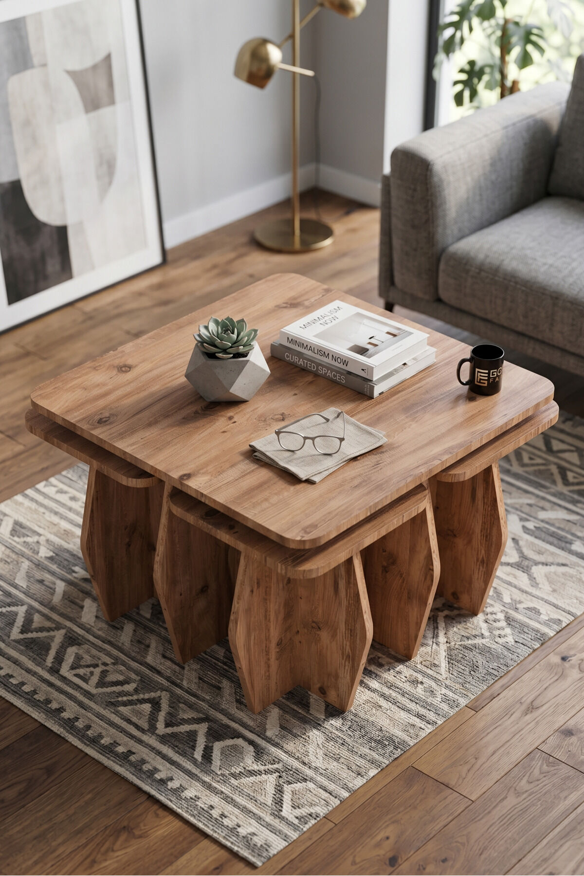Orta Sehpa Ve Zigon Sehpa 5'li Set Modern Çok Amaçlı Salon Oturma Odası Yan Sehpa 9248 Atlantik Çam