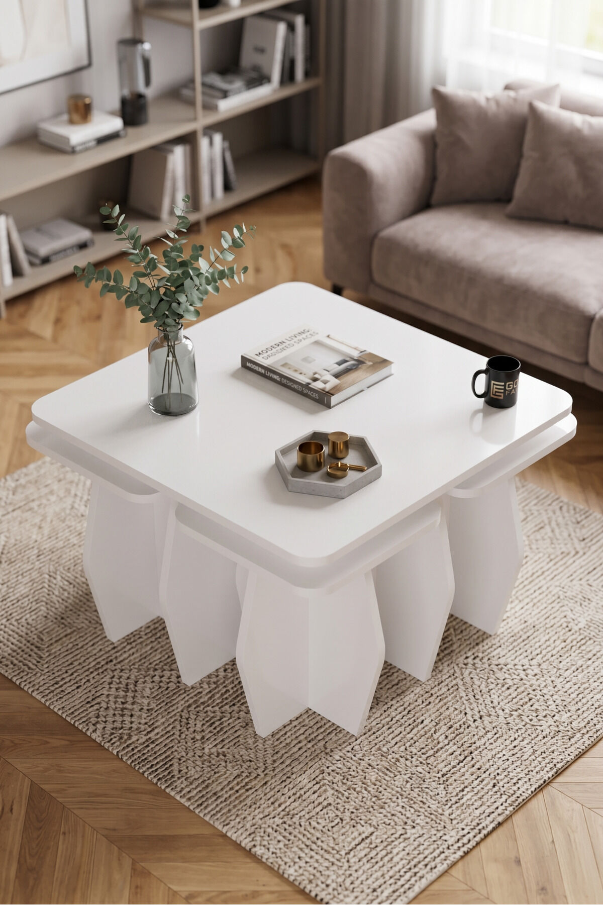 Orta Sehpa Ve Zigon Sehpa 5'li Set Modern Çok Amaçlı Salon Oturma Odası Yan Sehpa 9247 Beyaz