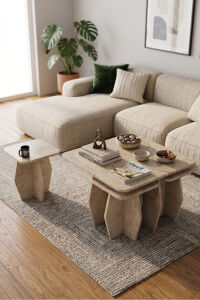 Orta Sehpa Ve Zigon Sehpa 5'li Set Modern Çok Amaçlı Salon Oturma Odası Yan Sehpa 9249 Traverten