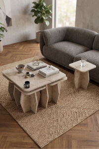 Orta Sehpa Ve Zigon Sehpa 5'li Set Modern Çok Amaçlı Salon Oturma Odası Yan Sehpa 9249 Traverten