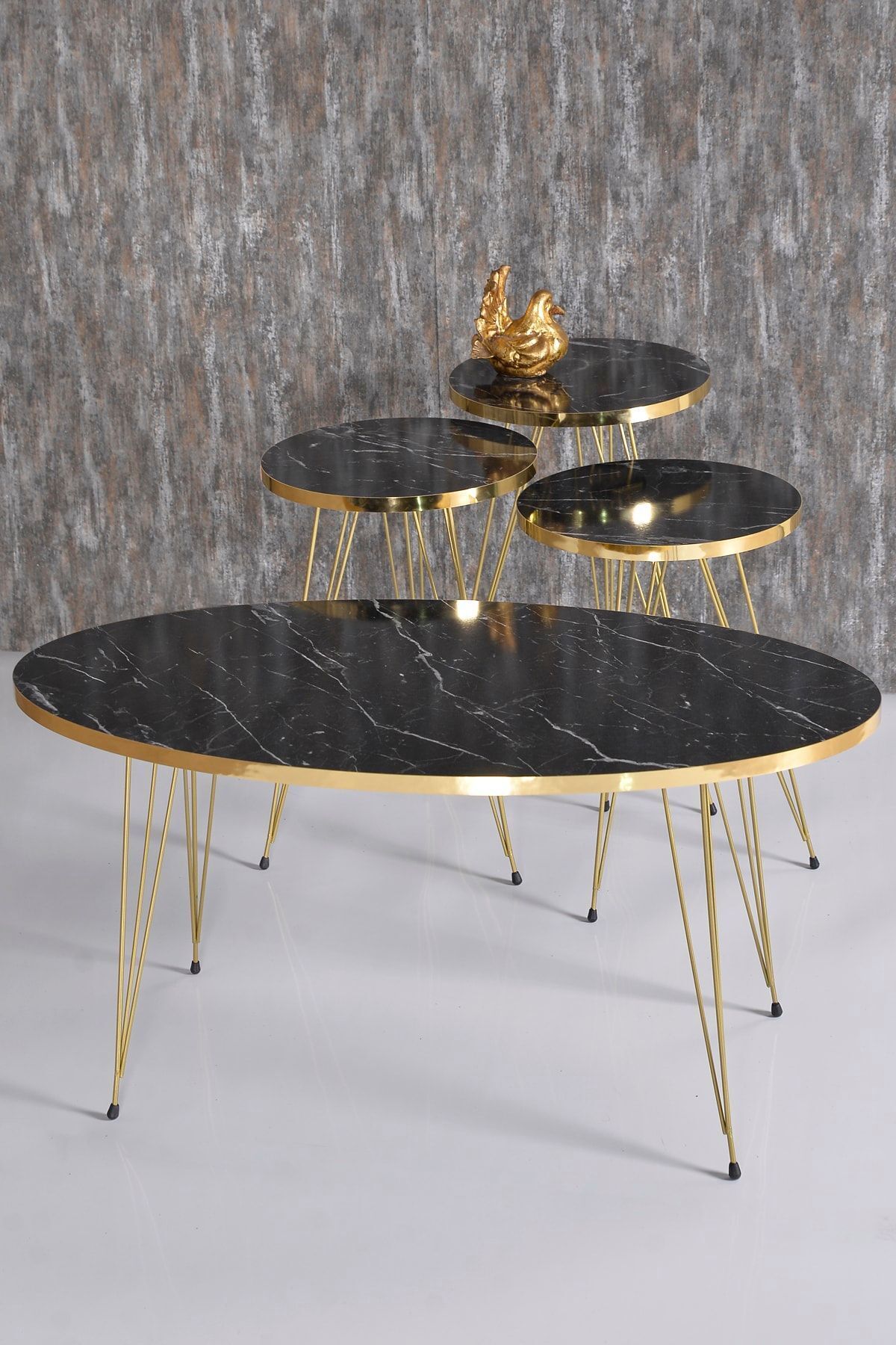 Zigon Sehpa Ve Orta Sehpa Elips Set Gold Bendir Tel