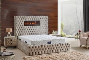 Şömineli Lux 140x200 Çift Kişilik Yatak, Baza, Başlık Seti CP1005
