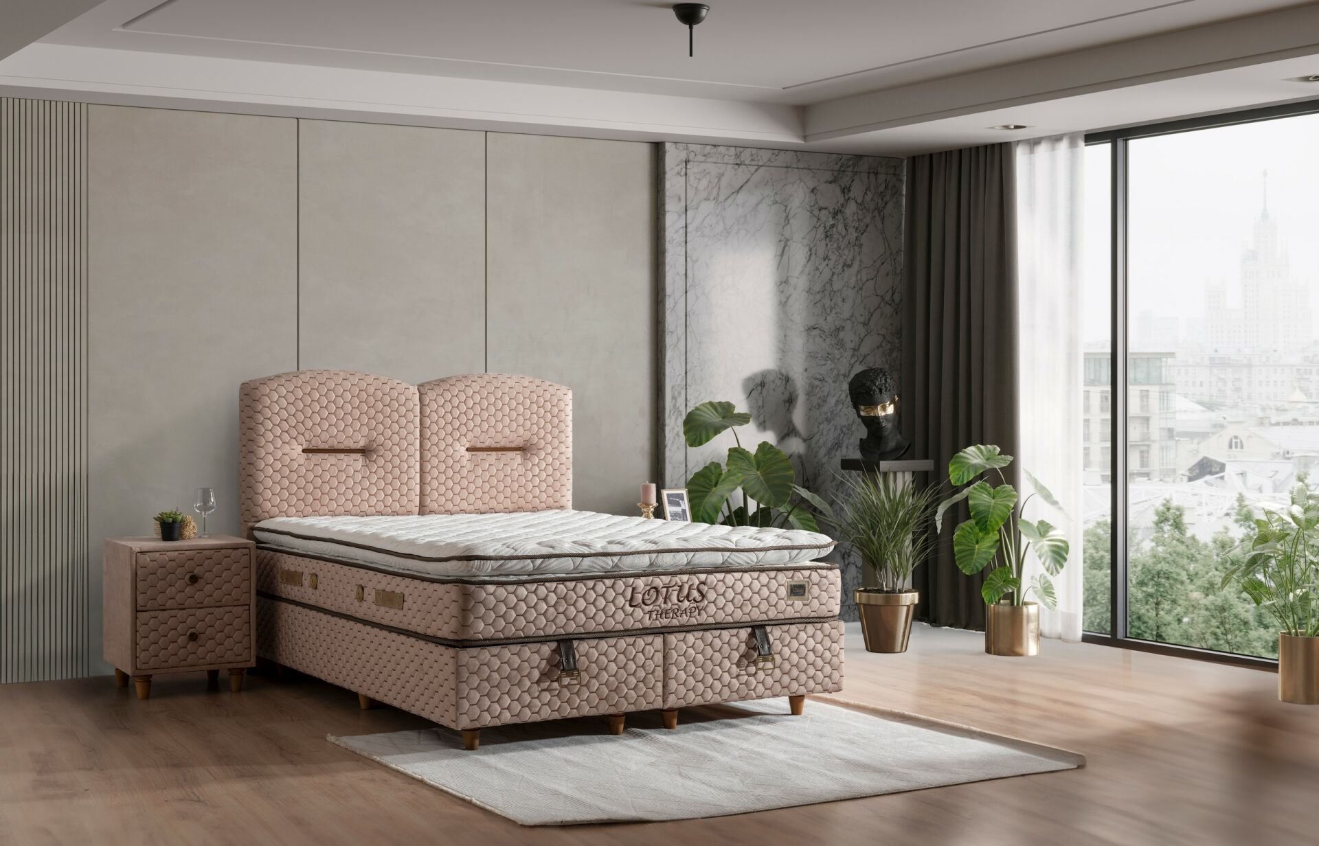 Lotus 200x200 Çift Kişilik Yatak, Baza, Başlık Seti MBL1006