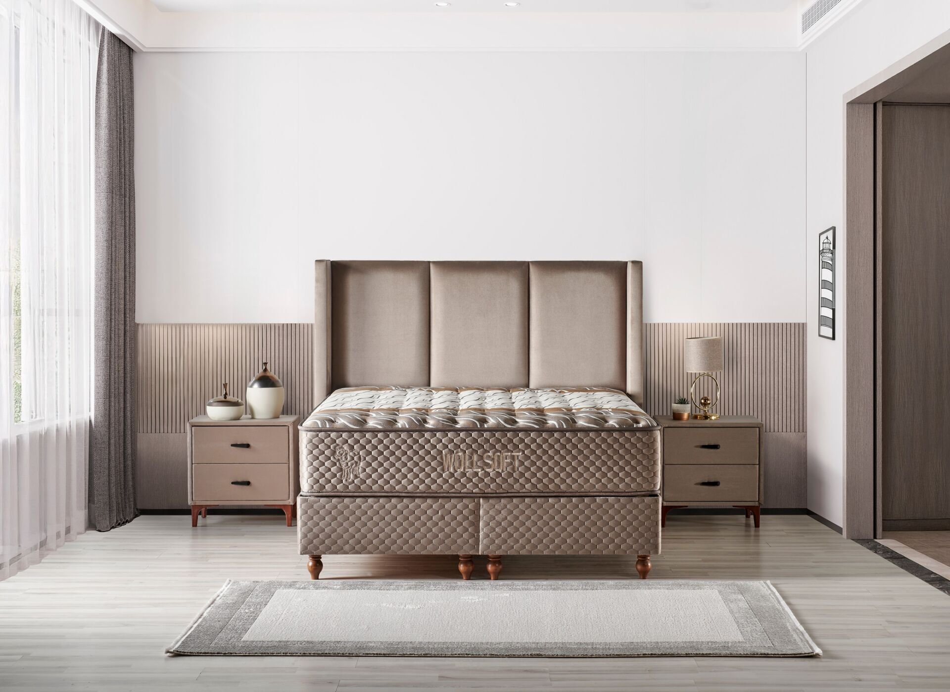 Woll Soft 180 x 200 Double Mattress, Divan Base, Headboard Set CB3307