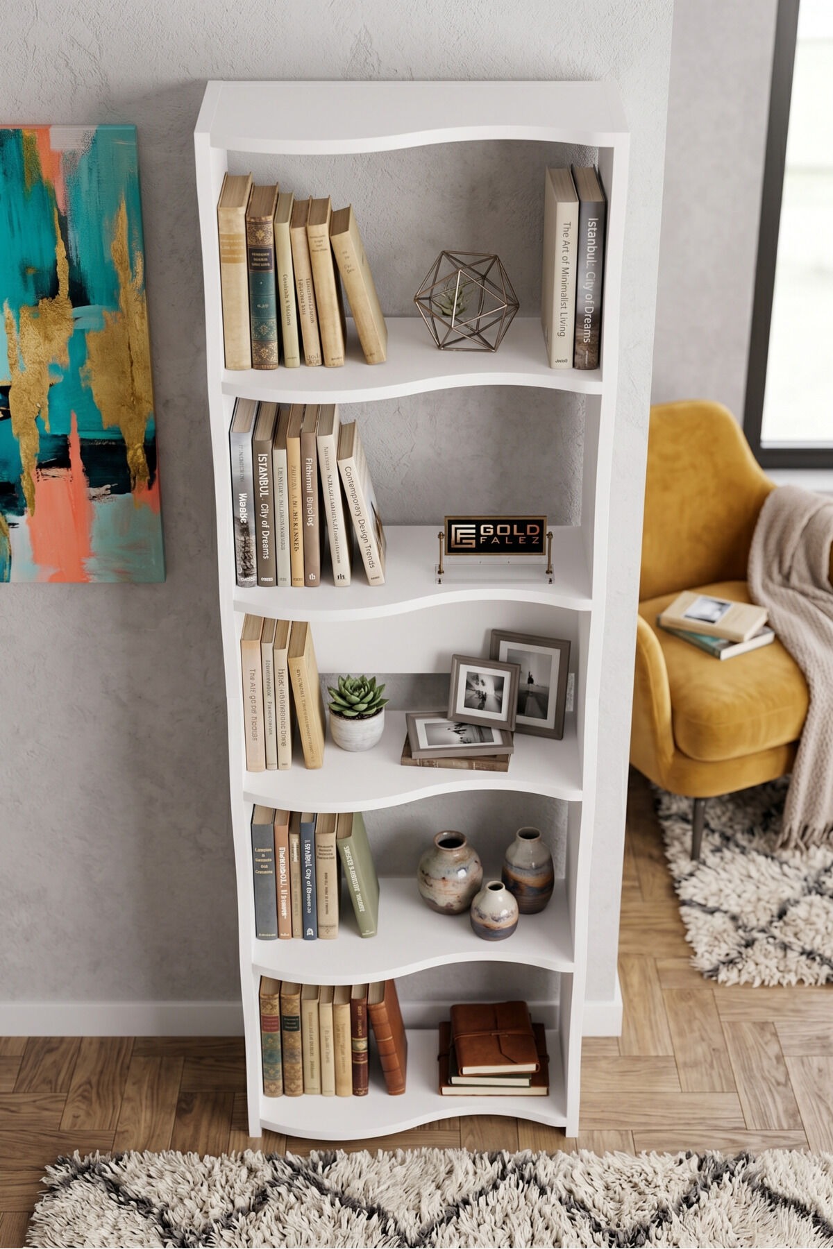 Kitaplık 5 Raflı Esinti Modern Çok Amaçlı Dekoratif Raf Ünitesi Geniş Kütüphane Ofis Kitaplığı 7081 Beyaz
