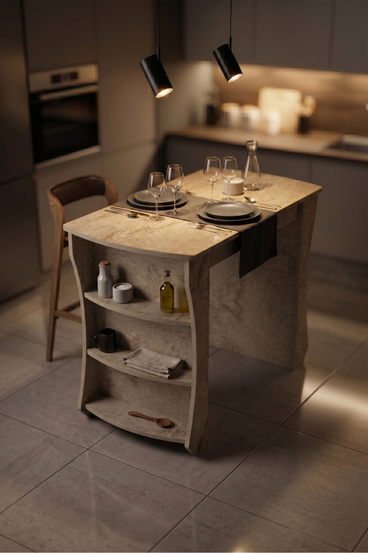 Kitchen Table Kitchen Island Island Table Bar Table Breakfast Table Shelved Multi-Purpose Cabinet Modern Table 120x60 cm 9835 Traverten