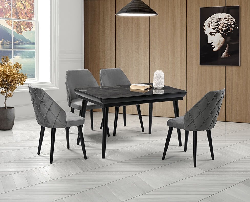 Hera Siyah Mermer Masa & Latina Sandalye Takımı HDR1227