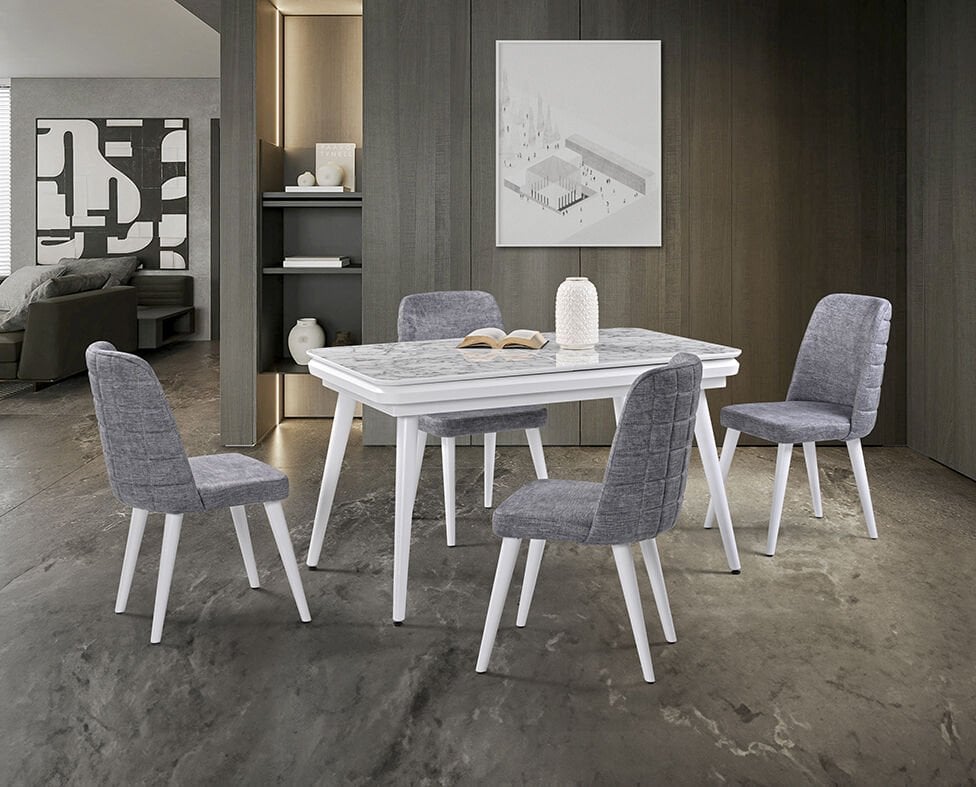 Morino Beyaz Mermer Masa & Damalı Sandalye Takımı HDR1230