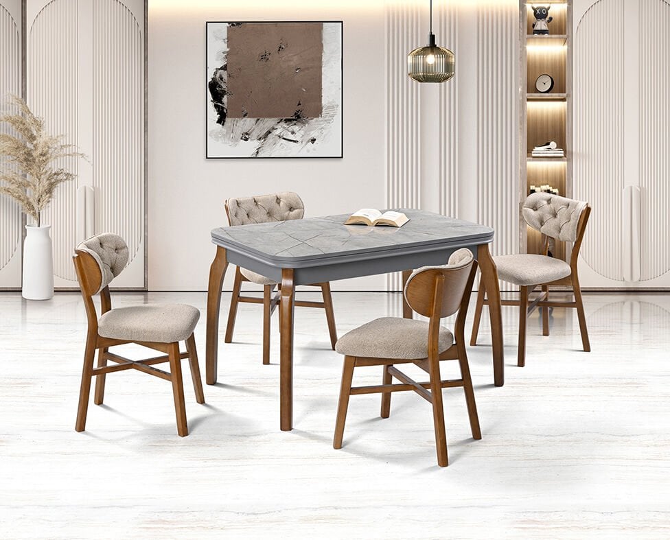 Manolya Gri Mermer Masa & Kartal Ceviz Sandalye Takımı HDR1236