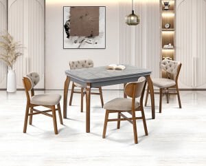 Manolya Gri Mermer Masa & Kartal Ceviz Sandalye Takımı HDR1236