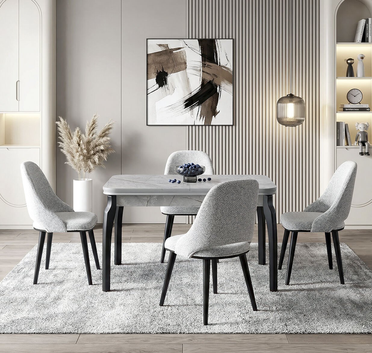 Manolya Gri Mermer Masa & Ada Ceviz Sandalye Takımı HDR1236