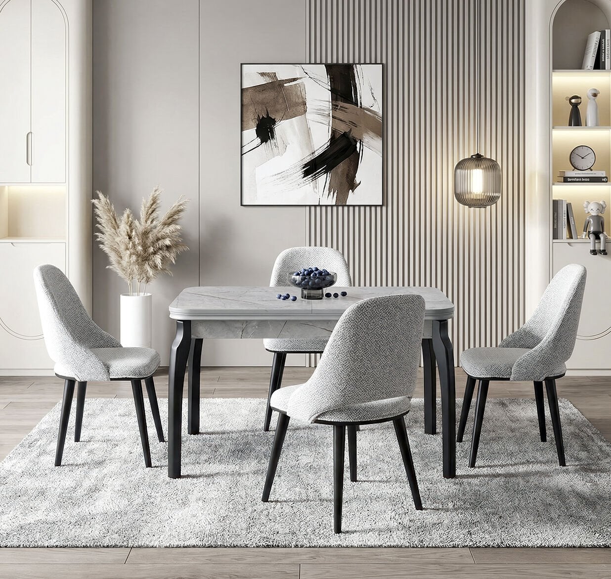 Manolya Gri Mermer Masa & Ada Ceviz Sandalye Takımı HDR1236