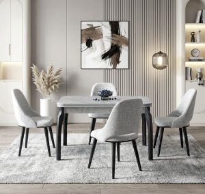 Manolya Gri Mermer Masa & Ada Ceviz Sandalye Takımı HDR1236