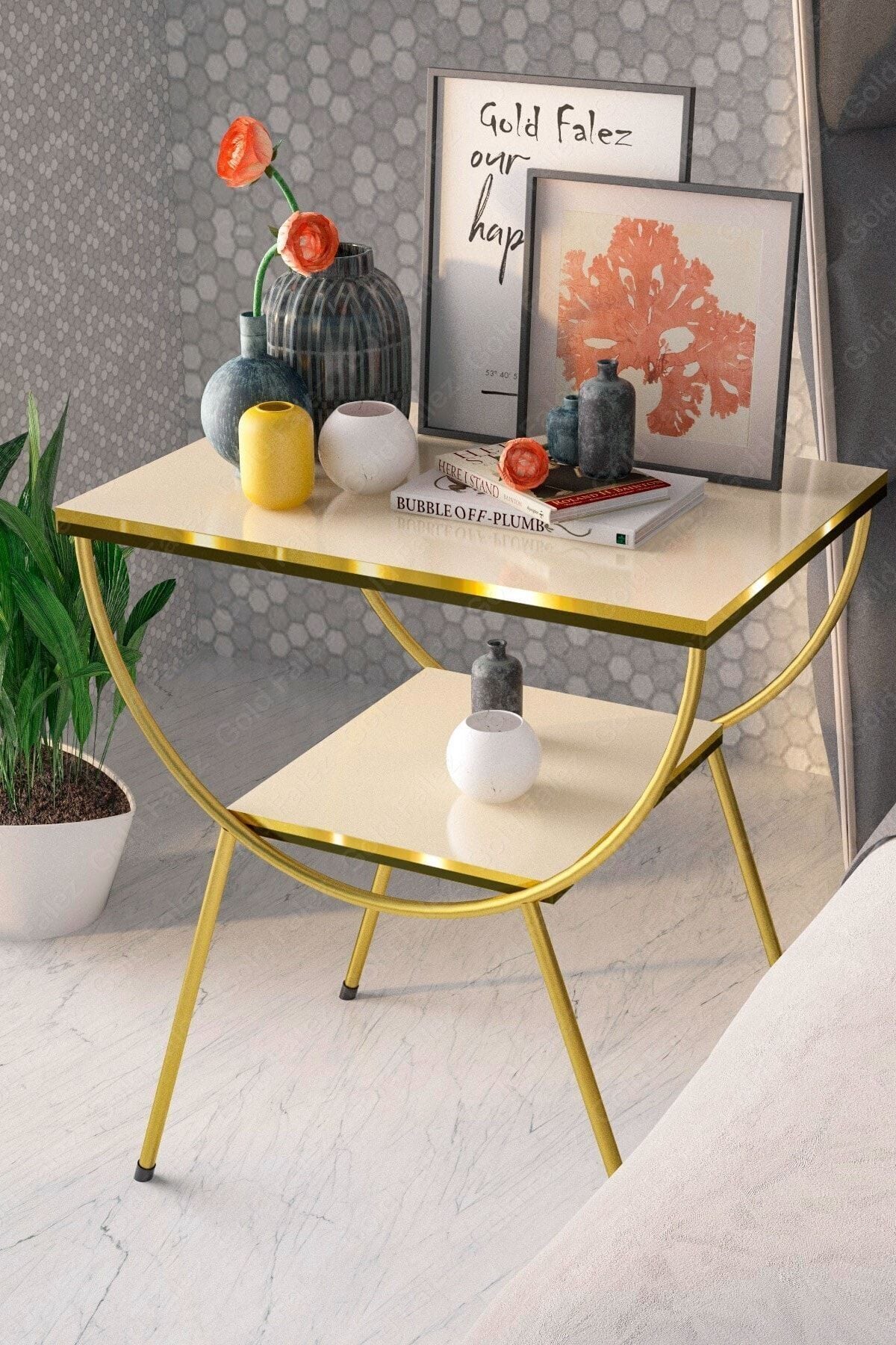 Side Table Bedside Table Metal Legs Dual Gold Cream