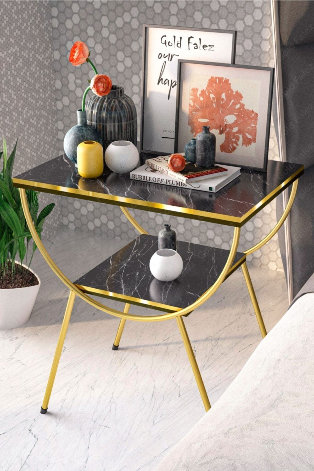 Side Table Bedside Table Metal Legs Dual Gold Bendir