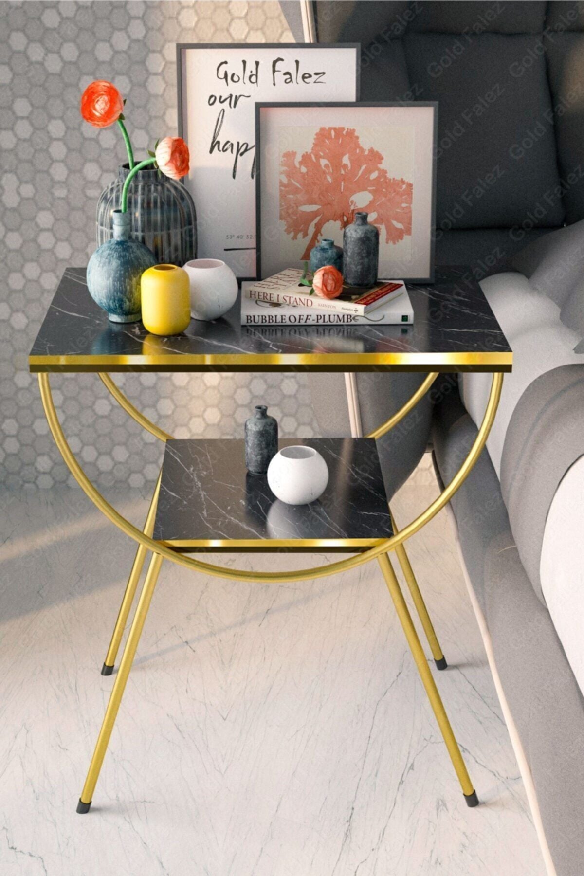 Side Table Bedside Table Metal Legs Dual Gold Bendir
