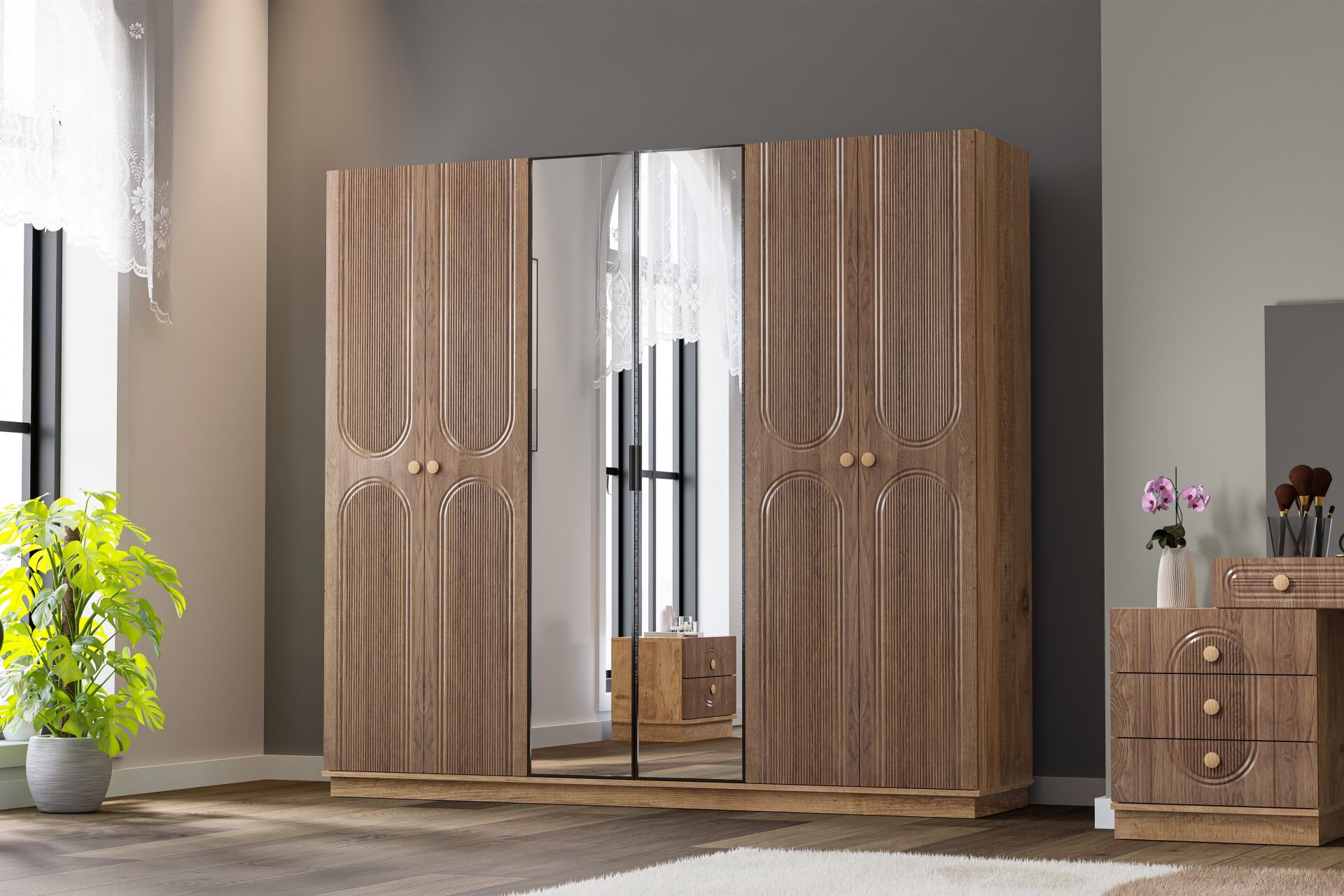 Mira Bedroom Set %100 MDF - Atlantic Pine / Walnut TN0126