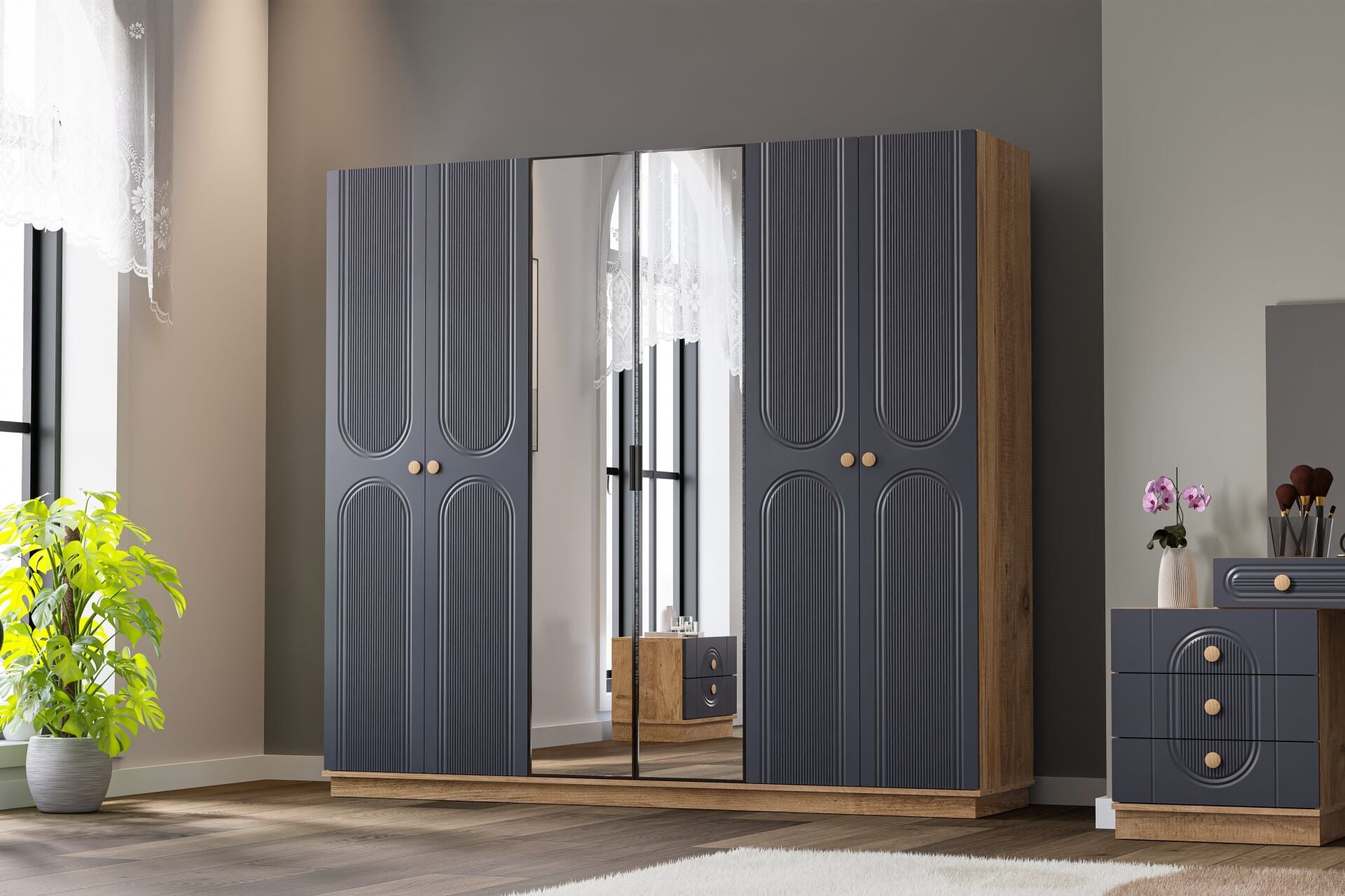 Mira Bedroom Set %100 MDF - Atlantic Pine / Anthracite TN0131